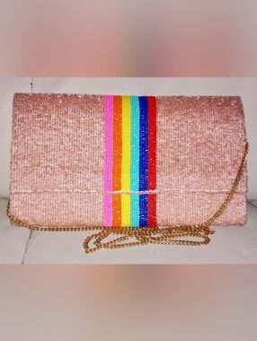 Beaded Rainbow Stripe - Sparkling Rose Gold Clutch